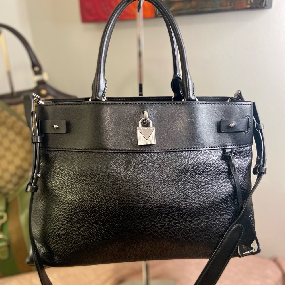 Black Michael Kors  Leather Satchel Handbag with Silver Hardware